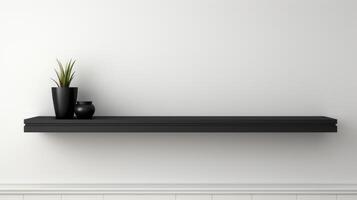 black shelf with a plant and vase on a white wall photo