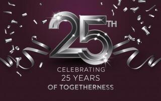 25th Years Anniversary Celebration Design. Silver number 25 with sparkling confetti and ribbons on burgundy background. photo