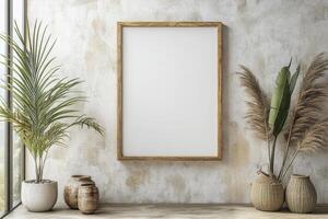 wooden frame mockup on texture wall background with plants photo
