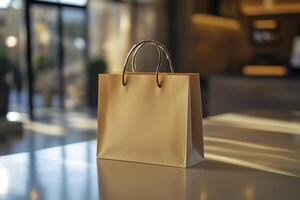A brown paper bag sitting on a table in front of a window photo