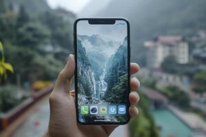 hands hold smart phone on blurred city background photo