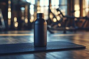 A black water bottle on a mat in a gym photo