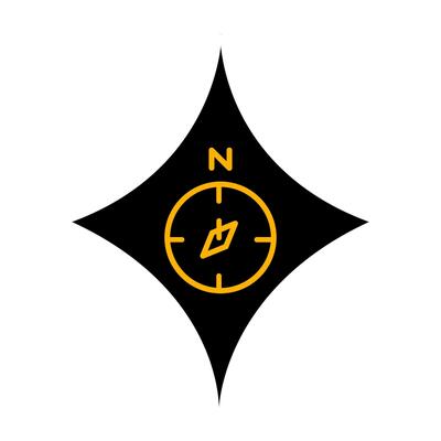 A black and yellow compass with a star on it