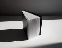 A minimalist black hardcover book standing upright in bright light, casting sharp shadows on a plain white surface. photo