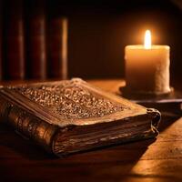 Close-up of an ornate antique book with intricate cover design, illuminated by the warm glow of a single candle. photo