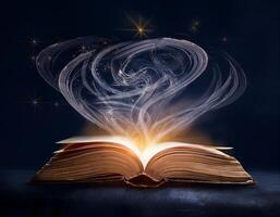 An open book emits glowing, magical swirls of light and sparkles, creating a mystical and enchanting atmosphere in the dark. photo
