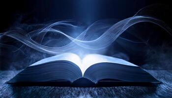 An open book emits magical blue light and swirling smoke, creating a mystical and enchanting atmosphere in the dark. photo