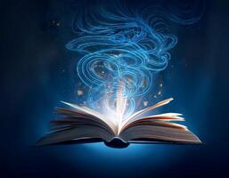 Open book emitting glowing blue swirls and mystical light, symbolizing imagination, fantasy, and the power of storytelling. photo