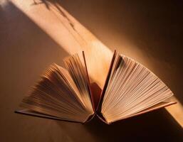Open book with fanned pages illuminated by warm sunlight, casting soft shadows, creating a peaceful and contemplative mood. photo