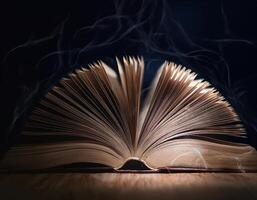 An open book with fanned pages surrounded by thin wisps of smoke, creating a mysterious and atmospheric scene. photo