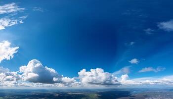 Panoramic view of a bright blue sky filled with fluffy white clouds over a vast landscape, creating a serene and open atmosphere. photo