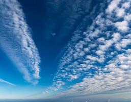 Vivid blue sky filled with unique, textured cloud formations creating a dramatic and expansive natural pattern above the horizon. photo