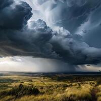 Massive dark storm clouds gather over a vast, open landscape with fields and distant rain, creating a dramatic weather scene. photo
