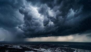 Dramatic storm clouds gather over a snow-covered landscape, with heavy rain and intense lighting creating a moody atmosphere. photo