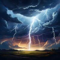 Powerful lightning bolts illuminate dark storm clouds over a field, creating a dramatic and intense scene during sunset. photo