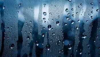Close-up of water droplets on a foggy glass window with streaks, creating a cold, abstract, and textured background. photo
