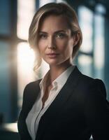 A confident businesswoman dressed in formal attire showcases professionalism and poise as she is captured in soft, natural lighting with a blurred office background. photo