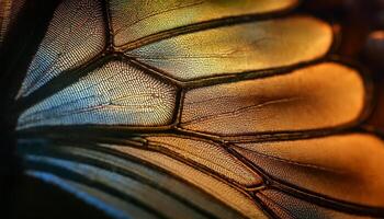 Macro shot of a butterfly wing showing intricate patterns, rich textures, and shimmering colors in golden and blue hues. photo