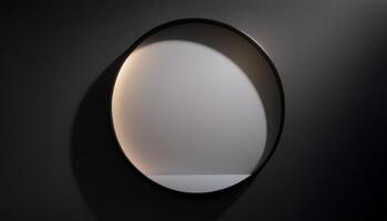 A minimalist circular wall light casting a soft, ambient glow against a dark textured background, highlighting its sleek modern design. photo