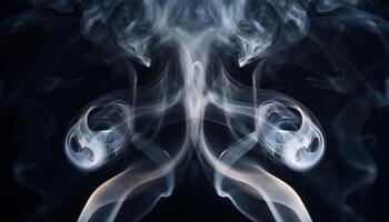 An abstract image of swirling white smoke against a dark background, creating intricate, symmetrical shapes and ethereal patterns. photo