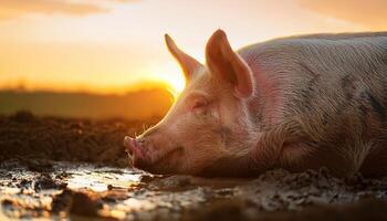A pig lying in a mud puddle, enjoying the warmth of the setting sun, creating a peaceful rural scene in golden light. photo