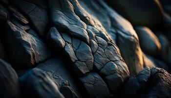 A detailed macro shot of rugged, cracked rock formations, showcasing the natural texture and weathering in dramatic light and shadow. photo