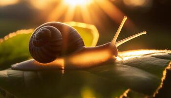 A close-up of a snail on a leaf during sunrise, with warm golden light highlighting its shell and casting soft shadows in a serene natural setting. photo