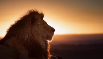 A majestic lion in profile, bathed in warm golden light during sunset, capturing the strength and tranquility of this iconic animal in a natural setting. photo