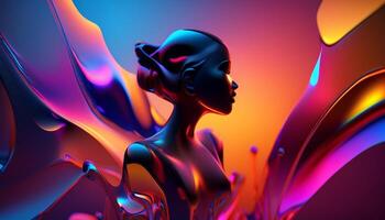 Futuristic 3D-rendered portrait of a woman in a vibrant abstract scene, with fluid shapes and bold neon colors. photo