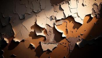 Detailed shot of peeling paint on an old surface, revealing layers of texture and decay in warm lighting. photo