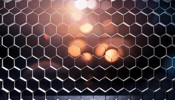 Close-up of a hexagonal grid structure with soft glowing bokeh lights in the background, creating a modern, abstract design. photo