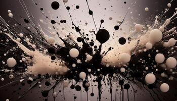 Dynamic abstract image of black and white paint splashes and droplets bursting outward, creating a chaotic yet artistic pattern. photo