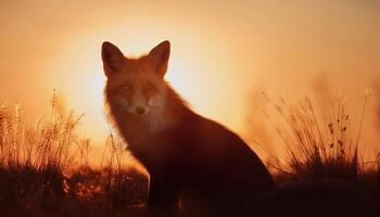 A fox sits in a grassy field, backlit by a vibrant golden sunset, creating a warm and serene wildlife scene. photo