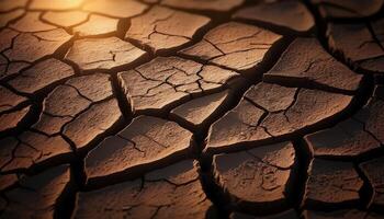 Close-up of cracked, dry earth with deep fissures and rough texture, captured in soft low light, highlighting natural patterns. photo