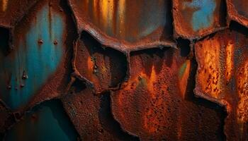Close-up of a rusted metal surface showing vibrant orange and blue corrosion, creating a textured and weathered industrial appearance. photo
