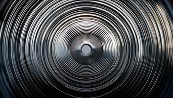 Close-up of abstract metallic concentric circles forming a radial pattern, creating a hypnotic, industrial design with reflective surfaces. photo
