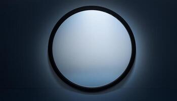 A simple round mirror with a black frame mounted on a wall, illuminated by soft, ambient lighting creating a modern and minimalistic aesthetic. photo