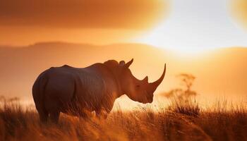 A majestic rhino stands in tall grass, silhouetted against a vibrant sunset, creating a serene and powerful wildlife scene. photo