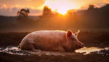 A pig laying in a muddy puddle at sunset, enjoying a peaceful moment in a rural farm setting with warm golden light. photo