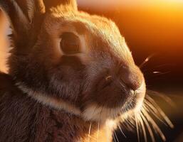 A detailed close-up of a rabbit's face, beautifully illuminated by soft, warm sunset light, highlighting its fur and whiskers. photo