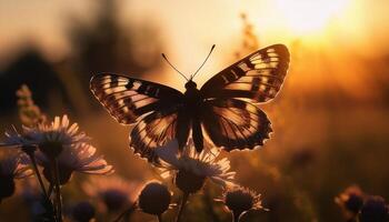 un mariposa descansando en un flor en un campo, iluminado por el cálido, dorado ligero de atardecer, capturar un sereno naturaleza escena. foto