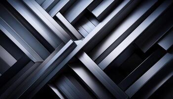 Close-up of an abstract metallic structure with intersecting geometric bars, creating a sleek, industrial, and modern design in shades of gray and blue. photo