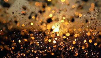 Blurred rain droplets on a glass window illuminated by golden bokeh lights, creating a warm and abstract background effect. photo