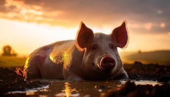 A pig lying in a muddy puddle during sunset, illuminated by warm sunlight, creating a peaceful rural scene with golden hues. photo