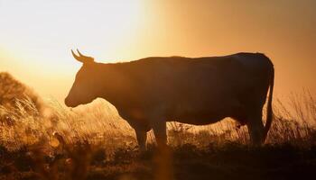 A cow silhouetted against a golden sunset, grazing in a grassy field, creating a peaceful and rustic rural scene. photo