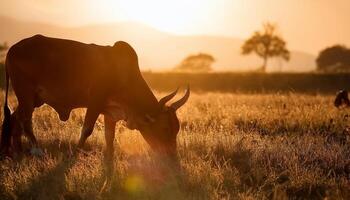 A cow peacefully grazing in a golden field at sunset, illuminated by warm light, creating a tranquil and rural scene. photo