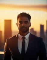 A confident businessman in a suit standing outside at sunset, with a city skyline in the background, creating a professional and dynamic image. photo