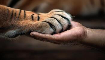 Close-up of a human hand holding a tiger's paw, showcasing a unique bond and trust between man and wild animal. photo
