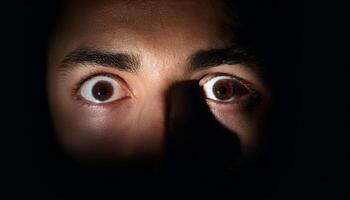 A close-up of wide-open eyes in darkness, illuminated by a narrow beam of light, conveying fear or surprise. photo