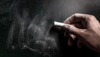 A close-up of a hand holding white chalk, with dust on a blackboard surface, symbolizing education and learning. photo
